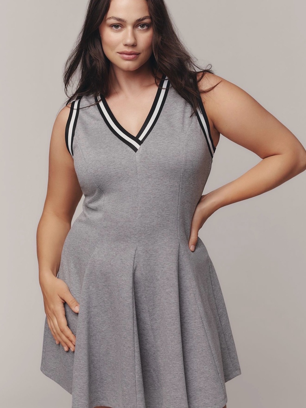 Anthropologie Gray Sleeveless V‑Neck Dress with Black & White Trim